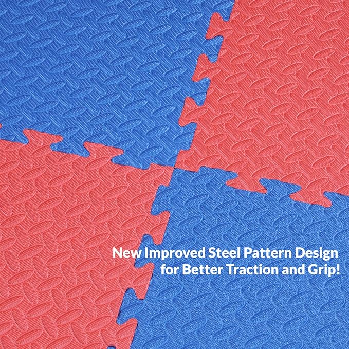 Xspec 1" Extra Thick 48 sq ft Reversible EVA Gym Foam Floor Mat Tiles (24" x 24"), Steel Pattern, 12 pcs, Blue &amp; Red