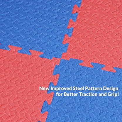 Xspec 1" Extra Thick 48 sq ft Reversible EVA Gym Foam Floor Mat Tiles (24" x 24"), Steel Pattern, 12 pcs, Blue &amp; Red