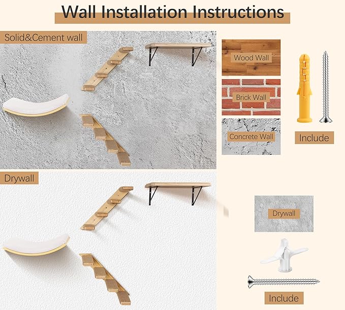 4-Piece Cats Wall Furniture with Cat Window Perch – Wood Wall Mounted Cat Shelves Set with Foam-Padded Curved Bed, Flat Perch &amp; 4-Step Cats Stairs