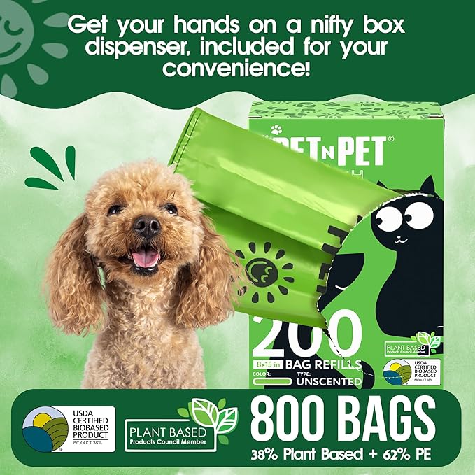 Pet N Pet 800 Counts Unscented Dog Poop Bags Rolls with Tie Handles, 38% Plant Based &amp; 62% PE Poop Bags for Dogs, Extra-Thick Doggie Poo Bag, Pet Waste Bag
