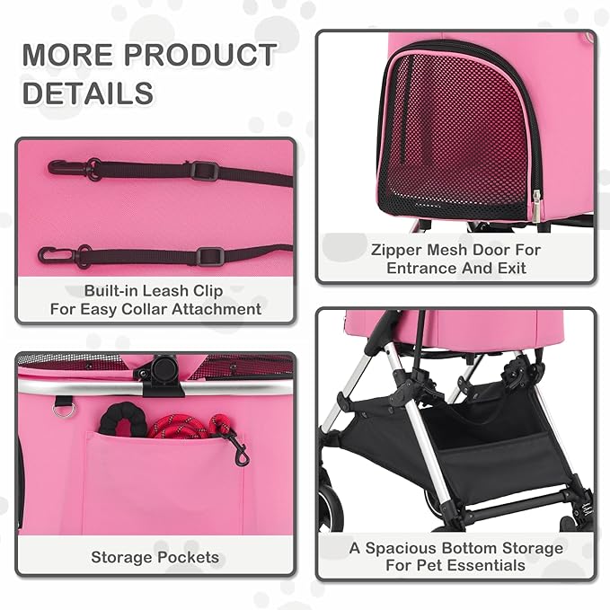MoNiBloom Pet Stroller for Small/Medium Dogs w/Detachable Carrier &amp; Lightweight Aluminum Frame, Folding Jogging Travel Stroller, Pink