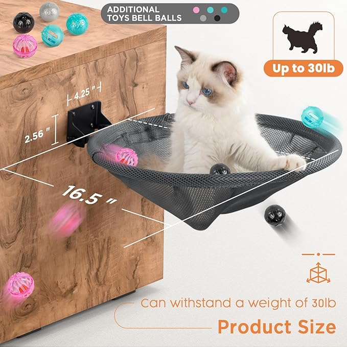 Cat Hammock Wall Mounted, Foldable &amp; Stable Cat Beds- Breathable Cat Wall Shelves for Sleeping, Playing, Climbing, and Lounging - Maximum Hold Up to 30lb (Gray)