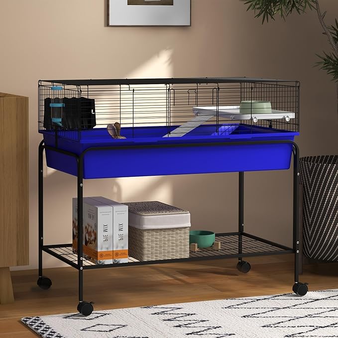 PawHut Two-Story Small Animal Cage Removable from Stand, Guinea Pig Cage with Shelf &amp; Wheels, Pet Habitat for Hedgehog, Chinchilla, Ferret, 39" x 20.5" x 36.5", Blue