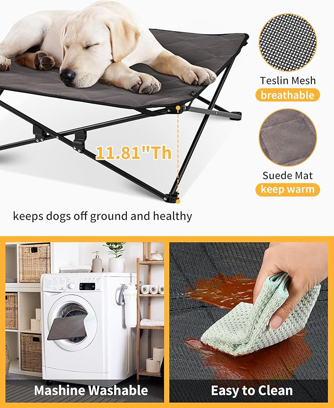 KingCamp Elevated Dog Bed for Medium Dogs, Raised Outdoor Indoor Portable Cooling Cot Lifted Pet Hammock off Ground with Washable Breathable Mesh &amp; Frame with Non Slip Foot for Camping Backyard, Black