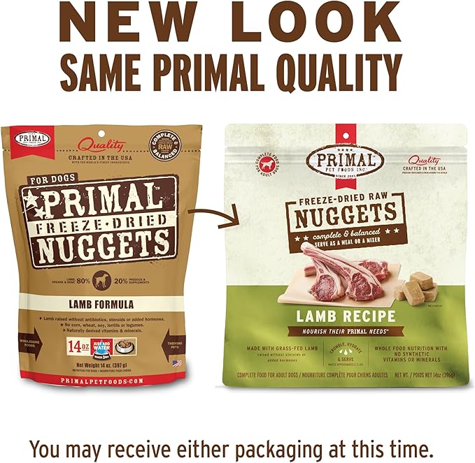 Primal Freeze Dried Raw Dog Food Nuggets, Lamb, Complete &amp; Balanced Meal, Also Use as Topper or Treat, Premium, Healthy, Grain Free, High Protein Raw Dog Food, 14 oz