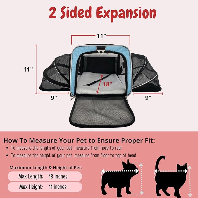 Airline Approved Expandable Premium Pet Carrier on Wheels- Two Sided Expandable Rolling Carrier- Designed for Dogs &amp; Cats- Extra Spacious Soft Lined Carrier! - Light Blue