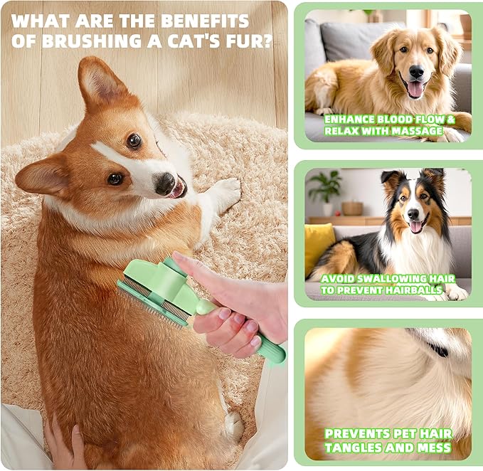 Pet Hair Removal Comb,New Cat Brush with Release Button,Pet Grooming Brush for Short&amp;Long Pet Hair,Deshedding Brush for Pet (green)