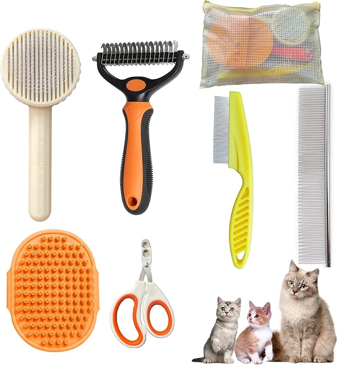 Cat Grooming Brush Kit 6 Tools - Deshedding &amp; Dematting for Long/Short Hair, Self-Cleaning Slicker Brush with 6-in-1 Flea Comb for Cats &amp; Kittens (Orange)