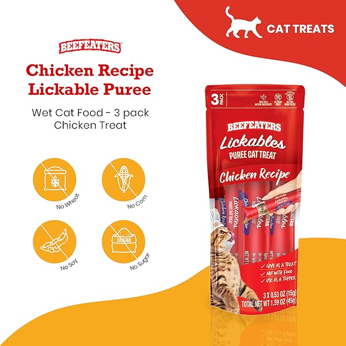 Beefeaters Cat Treats Lickable Puree 1.59oz (12-Pack) – Chicken, Grain-Free, Taurine-Enriched, Ideal for Training &amp; Interactive Feeding