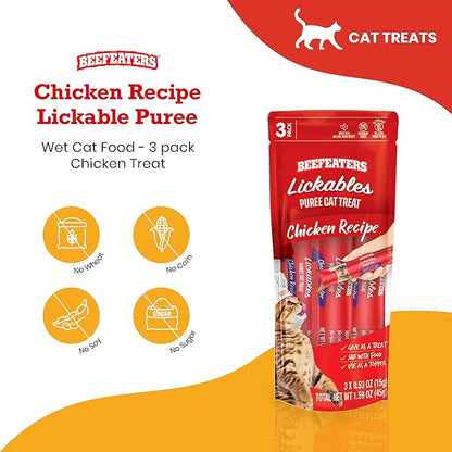 Beefeaters Cat Treats Lickable Puree 1.59oz (12-Pack) – Chicken, Grain-Free, Taurine-Enriched, Ideal for Training &amp; Interactive Feeding