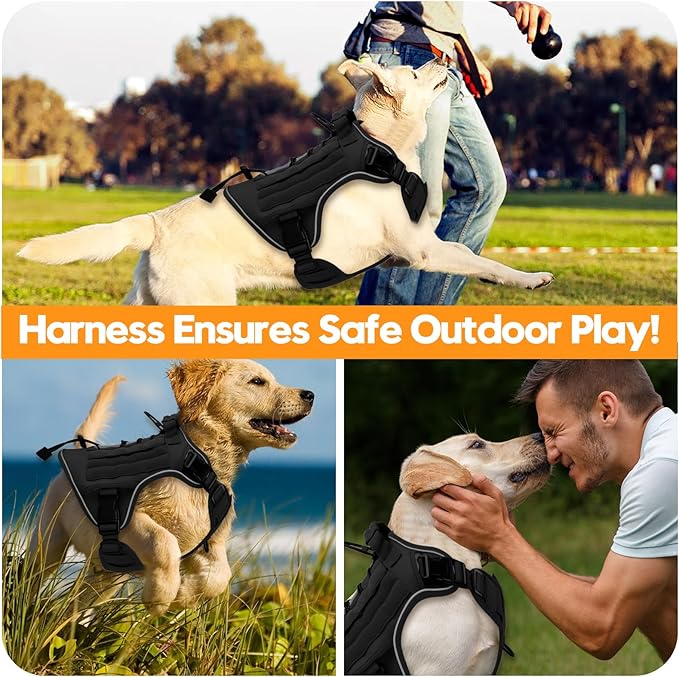 Heavy-Duty Tactical Dog Harness for Large Dogs, No Pull Adjustable Reflective Pet Vest with Molle System, K9 Military-Grade Control for Service Training, Outdoor &amp; 10+ Breeds, Black, Large