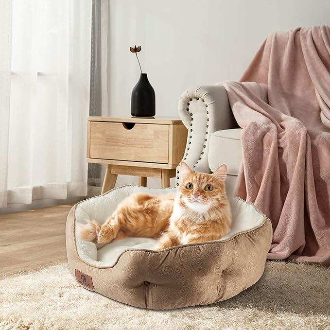 Asvin Small Dog Bed for Small Dogs, Cat Beds for Indoor Cats, Pet Bed for Puppy and Kitty, Extra Soft &amp; Machine Washable with Anti-Slip &amp; Water-Resistant Oxford Bottom, Light Brown, 20 inches
