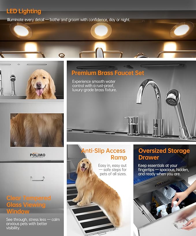POLIMO Dog Washing Station, LED Professional Stainless Steel Dog Bathing Station 61", Dog Grooming Tub for Large, Medium &amp; Small Dog - with Window, Ramp, Drawer, Floor Grate &amp; Faucet (Right RAMP, 61")