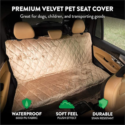 Plush Paws Products Velvet Rear Car Seat Protector w/Hammock | Washable &amp; Waterproof Back Seat Dog Cover for Car, Truck, &amp; SUV | Nonslip, Tear Resistant Pet Seat Cover | X-Large Desert Sand