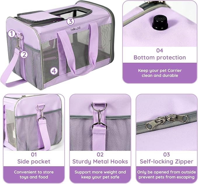 BELLA &amp; PAL Cat Carrier Travel Bag, Airline Approved Lightweight Cat Carrier, Soft Sided Pet Carrier for Puppy Dogs Up to 18lbs, Collapsible Kitten Bag with Removable Waterproof Mat, Ventilated Mesh