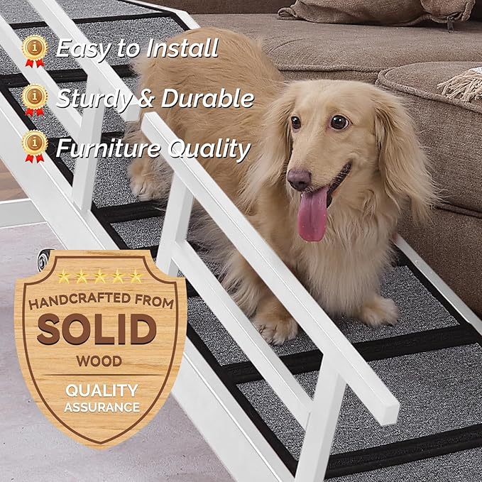 Dog Ramp for Bed or Couch, Wooden Pet Ramp with 20° Gentle Slope, Removable Side Rails, Non-Slip Surface, Top Platform &amp; Wheels, Safe Bed Ramp for Small, Medium &amp; Senior Dogs, 60" Long, White