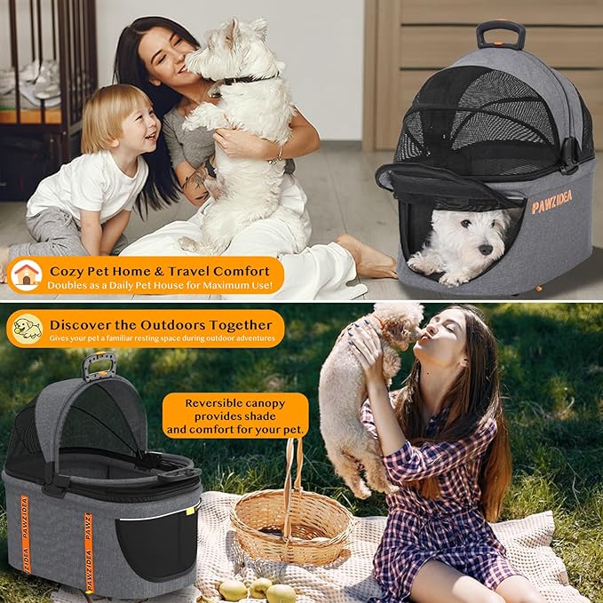 PAWZIDEA Pet Stroller 4 in 1, Dog Strollers for Small/Medium Dogs with Detachable Carrier Easy Lock Canopy, Seatbelt Puppy Car Seat, Cozy House, Foldable &amp; Lightweight Jogger Cat Stroller, 4 Wheels
