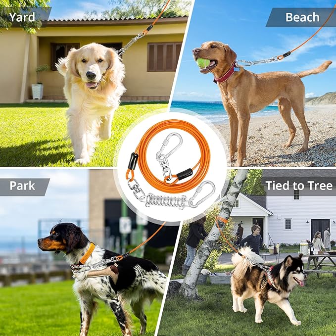 Jenico Dog Tie Out Cable, 10-150FT Runner Cable with Swivel Hook and Shock Spring, Yard &amp; Camping Dog Leash Tether for Small to Medium Pets Up to 500 LBS