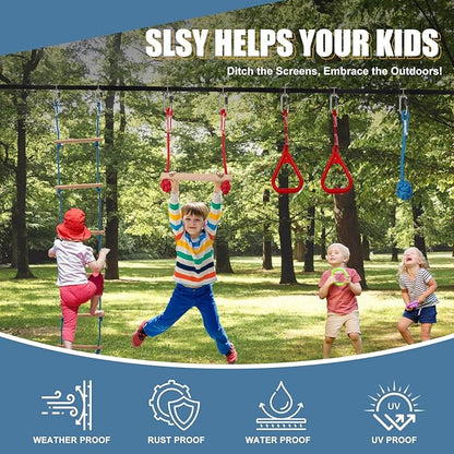 Slsy 60FT Ninja Warrior Obstacle Course (10 Obstacles), Ninja Slackline Kit for Kids, Durable Playset Equipment with 10 Complete Set-Monkey Bar,Swing, Climbing Ladder &amp; Net
