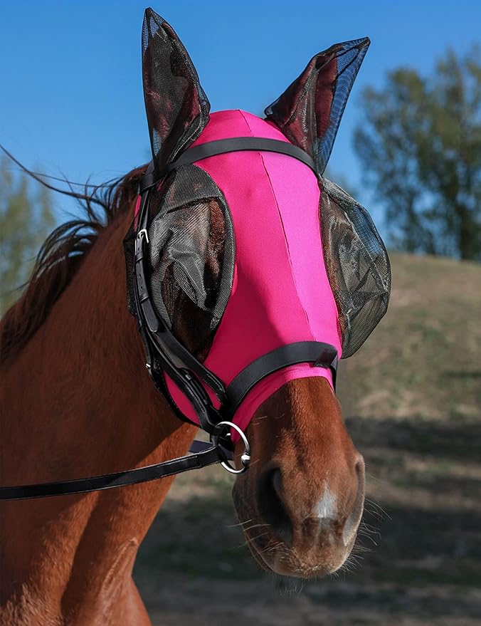 Horse Fly Mask Generous&amp;Fine Mesh Eye Covers and Ears Elasticity Mask Snug Fitting Comfortable Breathable Lightweight Equine Stretchy Protection for Horses Hot Pink Full Size