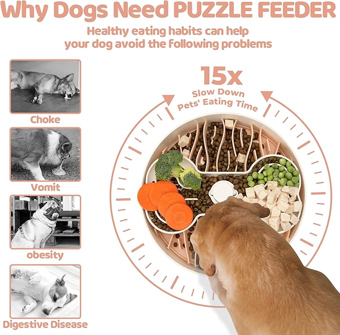 Slow Feeder Dog Bowl for Large Dogs with Non-Slip Base - Adjustable Speed Design, Removable Puzzle Inserts &amp; Dishwasher Safe, Pink