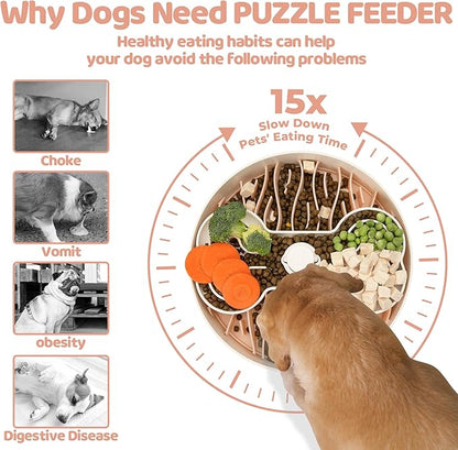 Slow Feeder Dog Bowl for Large Dogs with Non-Slip Base - Adjustable Speed Design, Removable Puzzle Inserts &amp; Dishwasher Safe, Pink