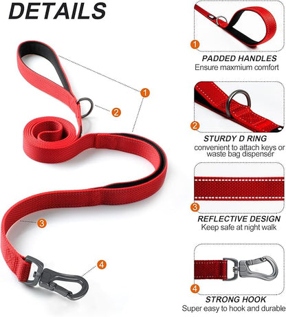 TwoEar 6FT 1IN Strong Red Dog Leash with 2 Padded Handles, Traffic Handle Extra Control, Comfortable Soft Dual Handle, Auto Lock Hook, Reflective Walking Lead for Small Medium and Large Dogs