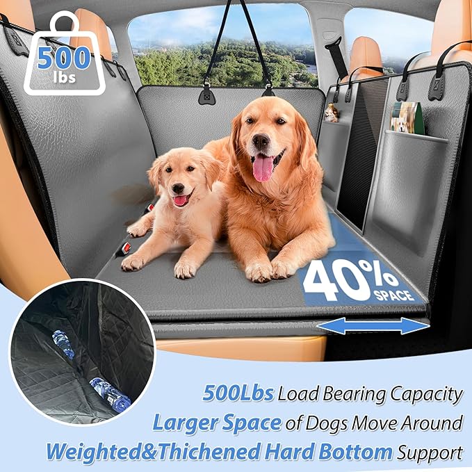 Hard Bottom Dog Car Seat Cover for Back Seat – Waterproof Nonslip Hammock Extender for Trucks &amp; SUVs, Heavy Duty Pet Protector, Gray Faux Leather
