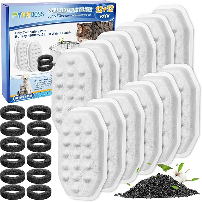 24 Pack Stainless Steel Cat Fountain Filters Compatible with Rellaty &amp; Fit for Neareal Cat Fountain 108oz/3.2L, Replacement for Automatic Pet Fountain Dog Water Dispenser