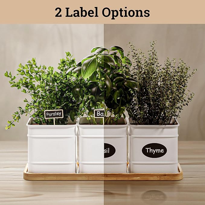 Herb Planter Indoor - 3 Iron Herb Pots with Drainage Holes, Varnished Bamboo Tray, Customizable Labels &amp; Marker Pen - Indoor Herb Garden Planter - 3 Pots for Herbs - Inside Spice Garden - Basil Pot