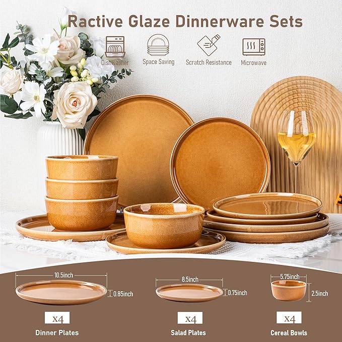 GBHOME Ceramic Dinnerware Sets for 4, 12 Pieces Stoneware Plates and Bowls Sets, Scratch Resistant Dishes, Dishwasher &amp; Microwave Safe, Reactive Glaze-Amber