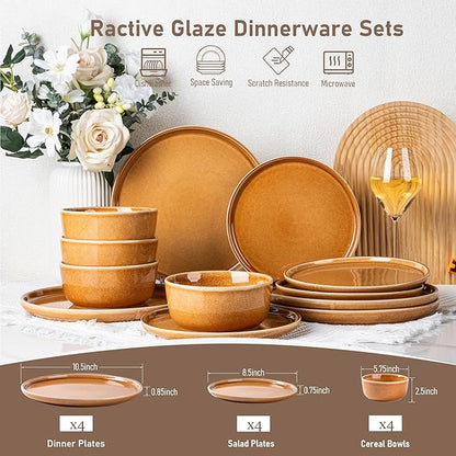 GBHOME Ceramic Dinnerware Sets for 4, 12 Pieces Stoneware Plates and Bowls Sets, Scratch Resistant Dishes, Dishwasher &amp; Microwave Safe, Reactive Glaze-Amber