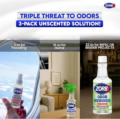 ZORBX Unscented Multipurpose Odor Eliminator Value Pack 2 Oz + 16 Oz + 32 Oz - Used in Hospitals &amp; Healthcare Facilities - Advanced Trusted Formula - Perfect Bundle to Get Rid of Unpleasant Odors