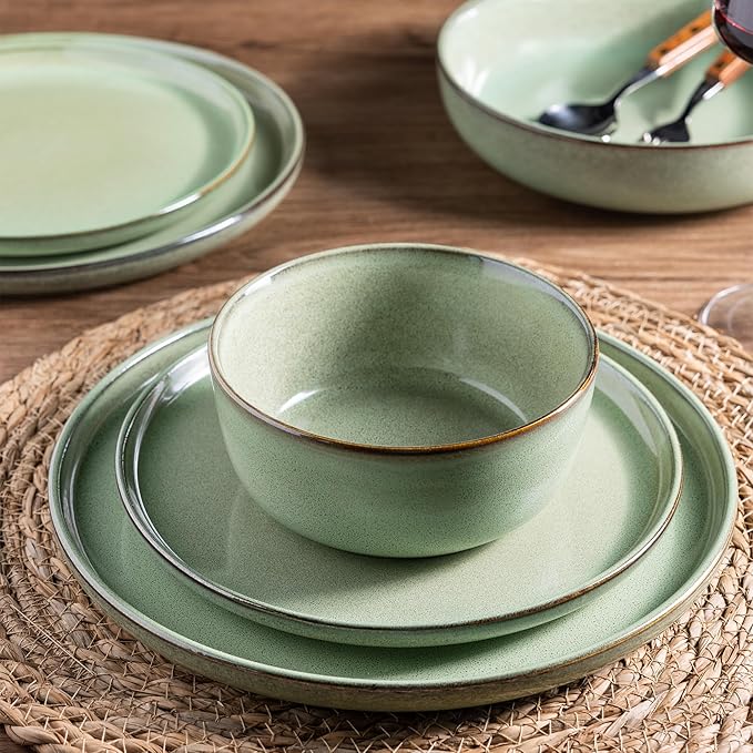 GBHOME Ceramic Dinnerware Sets for 8, 24 Pieces Stoneware Plates and Bowls Sets, Scratch Resistant Dishes, Dishwasher &amp; Microwave Safe-Pastel Green