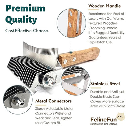 FelineFun Cat Brush for Dematting &amp; Deshedding, 2 in 1 Undercoat Rake, Efficiently Remove Loose Hair &amp; Matted Fur, Professional Shedding Comb for Indoor Cats &amp; Long Haired Cats