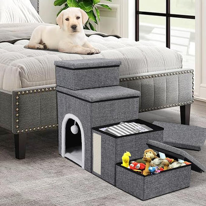 Dog Stairs for Bed and Couch 23“H, Foldable Dog Stairs for Small Older Dogs, 4 in 1 Adjustable Pet Cat Steps Ramps with Storage, Condo, Cat Scratcher, Hold Up to 180LBS, 4 Steps