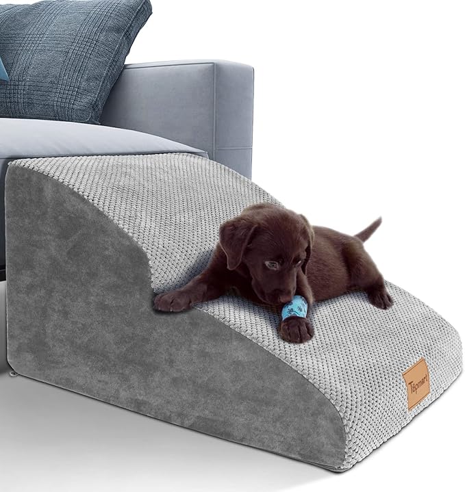 Topmart High Density Extended Foam Dog Ramp&amp;Steps 2 Tiers,11.8" High,Non-Slip Dog Stairs,Soft Foam Pet Ladder with Waterproof Cover,Best for Injured,Older Cats,Pets with Joint Pain