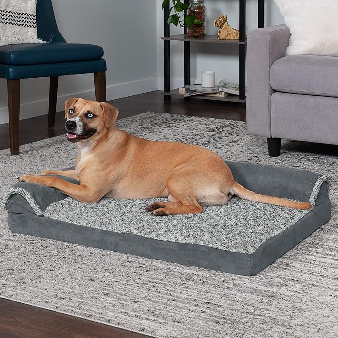 Furhaven Cooling Gel Dog Bed for Large/Medium Dogs w/ Removable Bolsters &amp; Washable Cover, For Dogs Up to 55 lbs - Two-Tone Plush Faux Fur &amp; Suede L Shaped Chaise - Stone Gray, Large