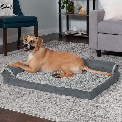 Furhaven Cooling Gel Dog Bed for Large/Medium Dogs w/ Removable Bolsters &amp; Washable Cover, For Dogs Up to 55 lbs - Two-Tone Plush Faux Fur &amp; Suede L Shaped Chaise - Stone Gray, Large
