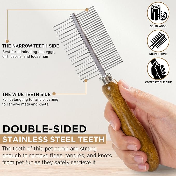 Takavu Double-Sided Metal Pet Comb for Dogs &amp; Cats - Stainless Steel Teeth for Detangling, Removing Loose Hair &amp; Flea Check - Grooming Tool