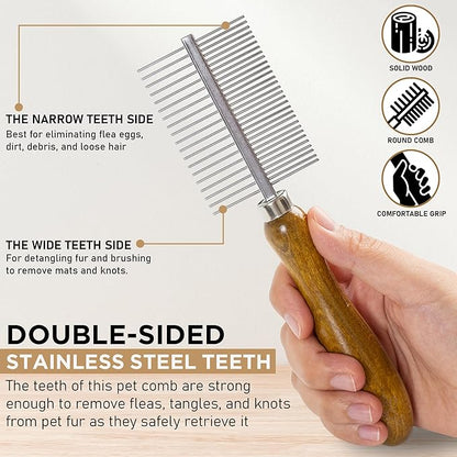 Takavu Double-Sided Metal Pet Comb for Dogs &amp; Cats - Stainless Steel Teeth for Detangling, Removing Loose Hair &amp; Flea Check - Grooming Tool