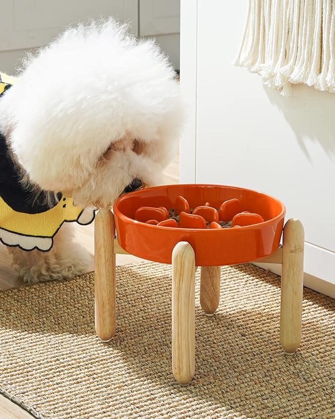 LE TAUCI Ceramic Slow Feeder Puzzle Bowl Elevated 1.5 Cup with Wooden Stand for Small &amp; Medium Dog, Fast Eater Food Bowl Sun Orange