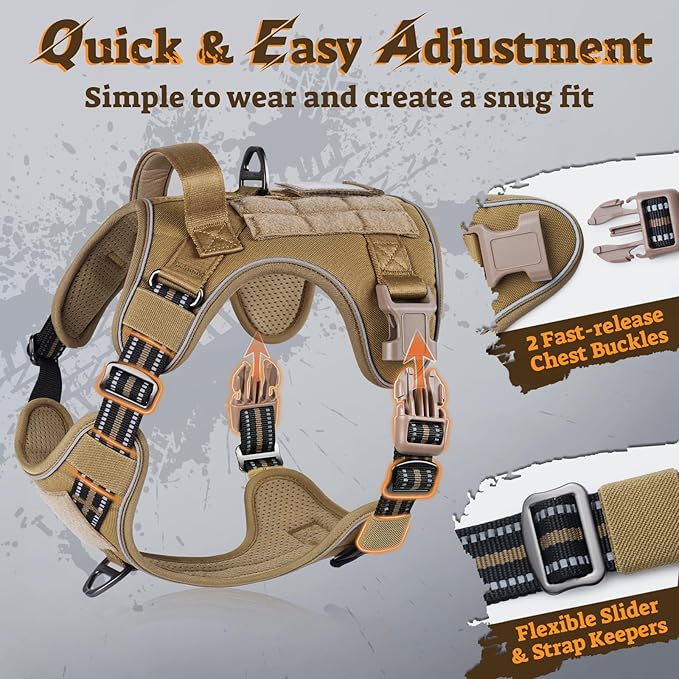 rabbitgoo Dog Harness Small Sized No Pull, Tactical Service Pet Vest with Molle and Control Handle, Adjustable and Reflective Military Harness for Easy Walking and Training, Brown, S
