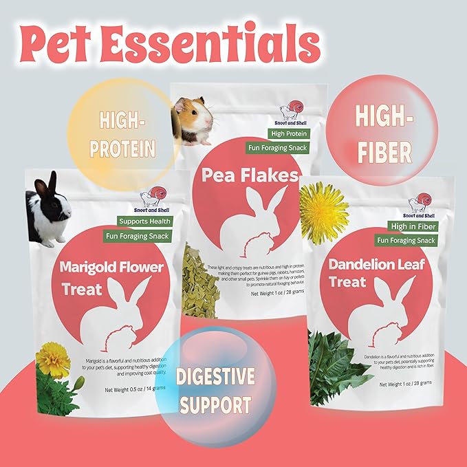 Snout and Shell Small Animal Treats – Pea Flakes, Dandelion Leaf (1oz), Marigold Flowers (0.5oz) – Natural Foraging Snacks for Rabbits, Guinea Pigs, Chinchillas, Hamsters &amp; More