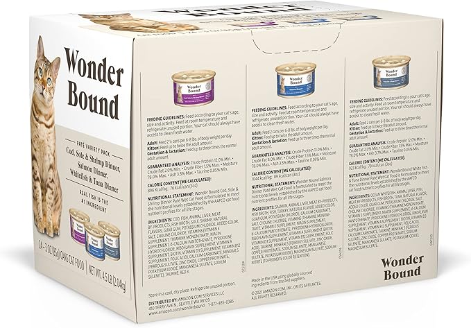Amazon Brand - Wonder Bound Wet Cat Food, Pate, No Added Grain, Variety Pack (Cod, Sole &amp; Shrimp, Salmon, White Fish &amp; Tuna), 3 ounce (Pack of 24)