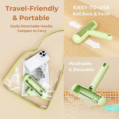 Reusable Pet Hair Remover - Lint Roller for Dog &amp; Cat Fur - for Furniture, Carpet, Clothing - Detachable Handle (Green)
