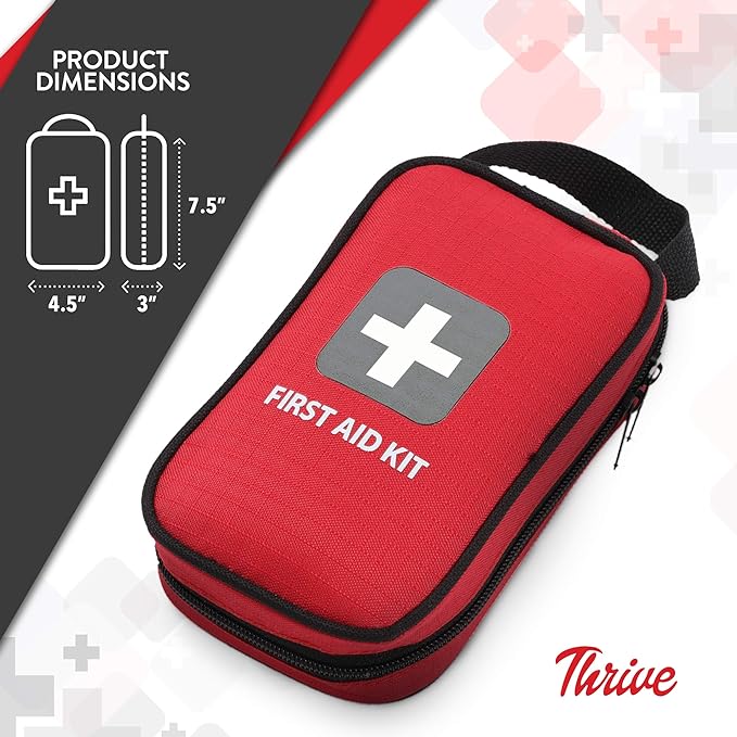 Thrive First Aid Safety Kit - 100-Piece Bag - Compact Waterproof Rip-Stop Nylon Pouch - Multi-Size Bandages, Antiseptic Wipes &amp; Safety Pins for Car &amp; Travel
