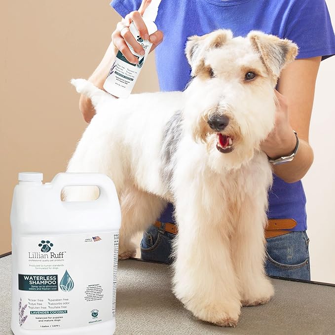 Lillian Ruff Waterless No-Rinse Dog Dry Shampoo Spray with Hydrating Essential Oils - pH-Balanced Dry Shampoo for Dogs - Clean, Condition, Detangle &amp; Deodorize Dry, Sensitive Skin (Gallon)