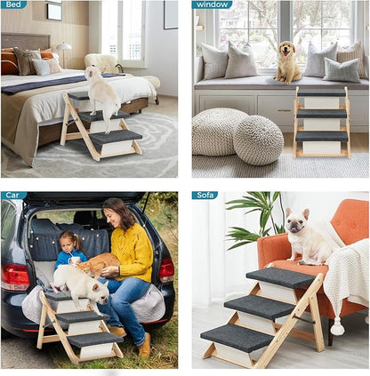 MEWANG Wood Pet Stairs &amp; Ramp for Small/Medium Dogs and Cats, Aging Pets – 3-in-1 Foldable, Portable, Non-Slip Pet Ladder for Tall Beds, Couches,Cars–Holds Up to 220 lbs (24.8" L x 17.2" W x 19.5" H)