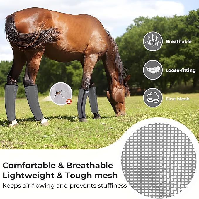 Mesh Horse Fly Boots Set of 4，Adjustable and Universal Loose Fitting &amp; Non-Slip Horse Fly Leggings for Horses,Reduce Stressful Stomping (Grey)